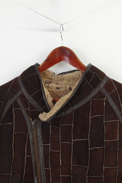 Vintage Women L Leather Jacket Brown  Sheep Fur Full Zipper Padded Top