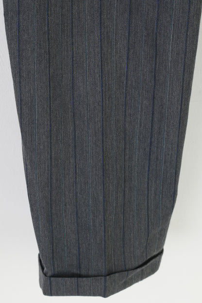 Trevira Men 36 Trousers Suit Pants Grey Striped Elegant Wool