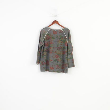 Lieblingsstock Woman L Shirt Khaki Long Sleeve Heart Graphic Vintage Crew Neck Cotton Flower Print Top