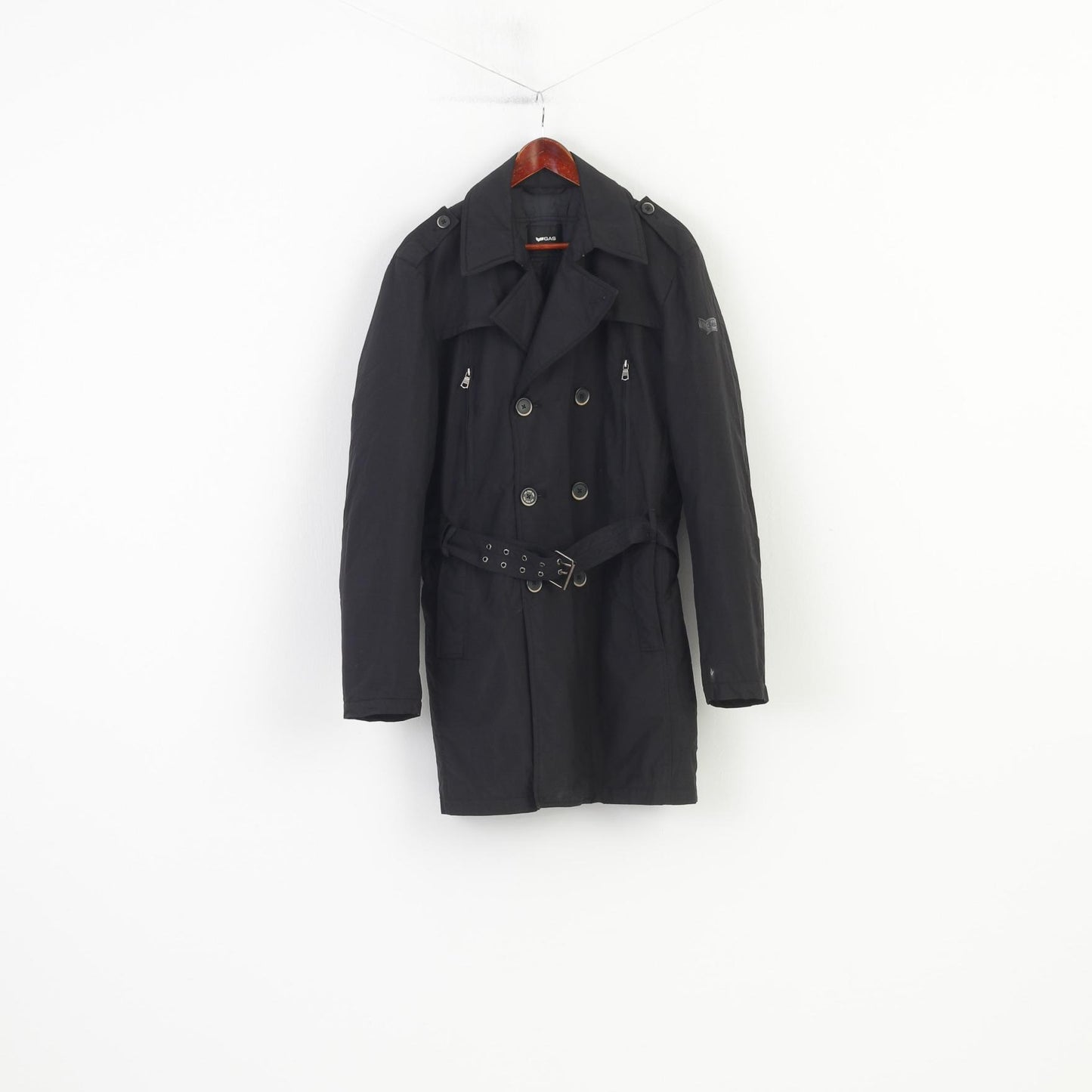 Gas Men XL Jacket Bottoms Belt Black Padded Nylon Waterproof Vintage Single Breasted Top