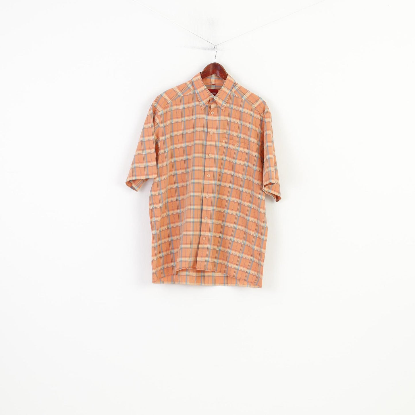 Olymp Men L Casual Shirt Short Sleeve Orange Buttons D Collar Checkered Novum Cotton