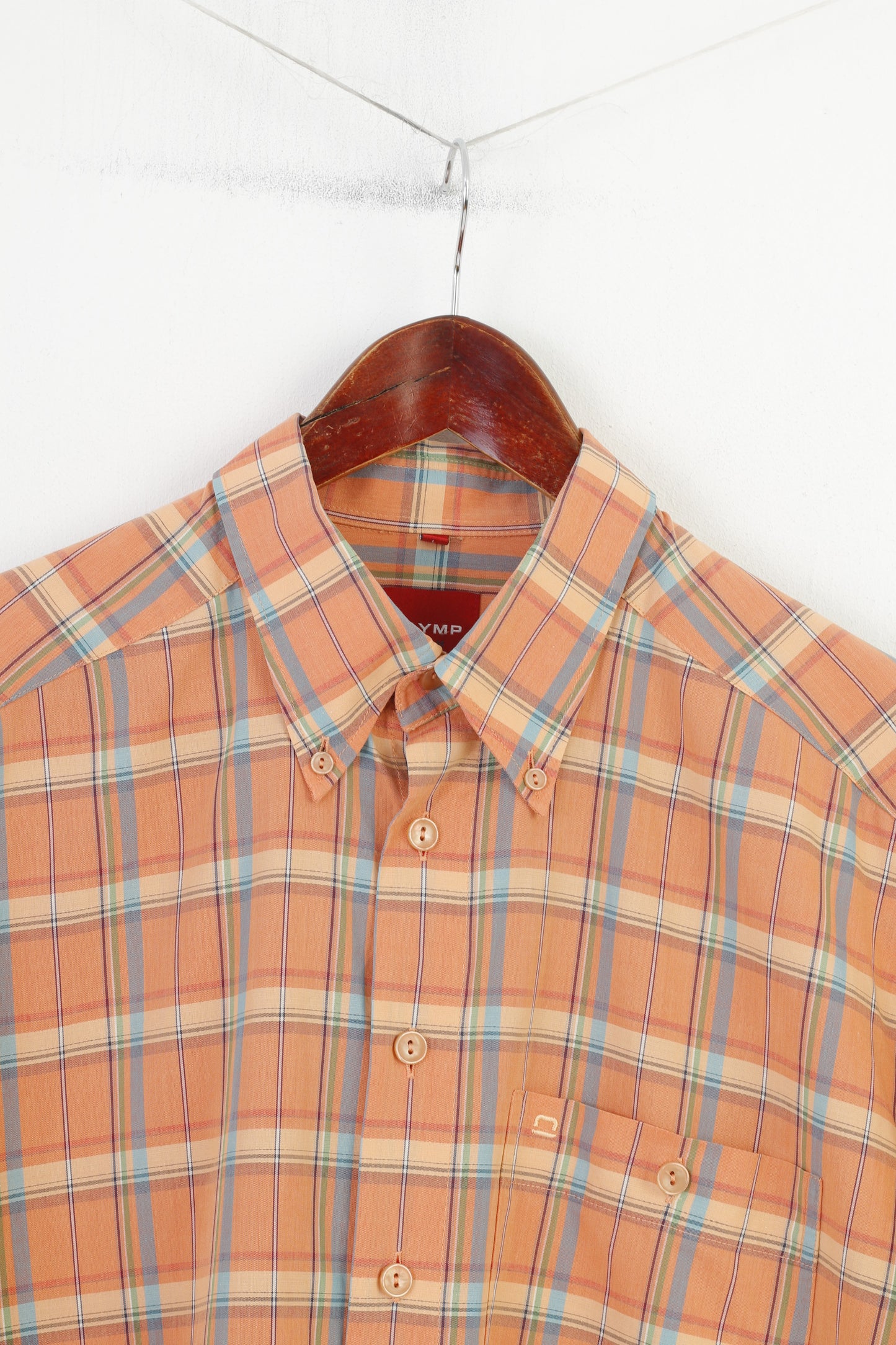 Olymp Men L Casual Shirt Short Sleeve Orange Buttons  Collar Checkered Novum Cotton