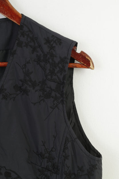 Maria Bellesi Women M Vest Bodywarmer Ful Zipper Black Embroidered Nylon Vintage Top