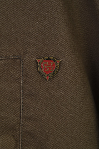 Fly53 Men L Jacket Parka Hood Cotton Green Full Zipper Vintage Cotton Pockets Top