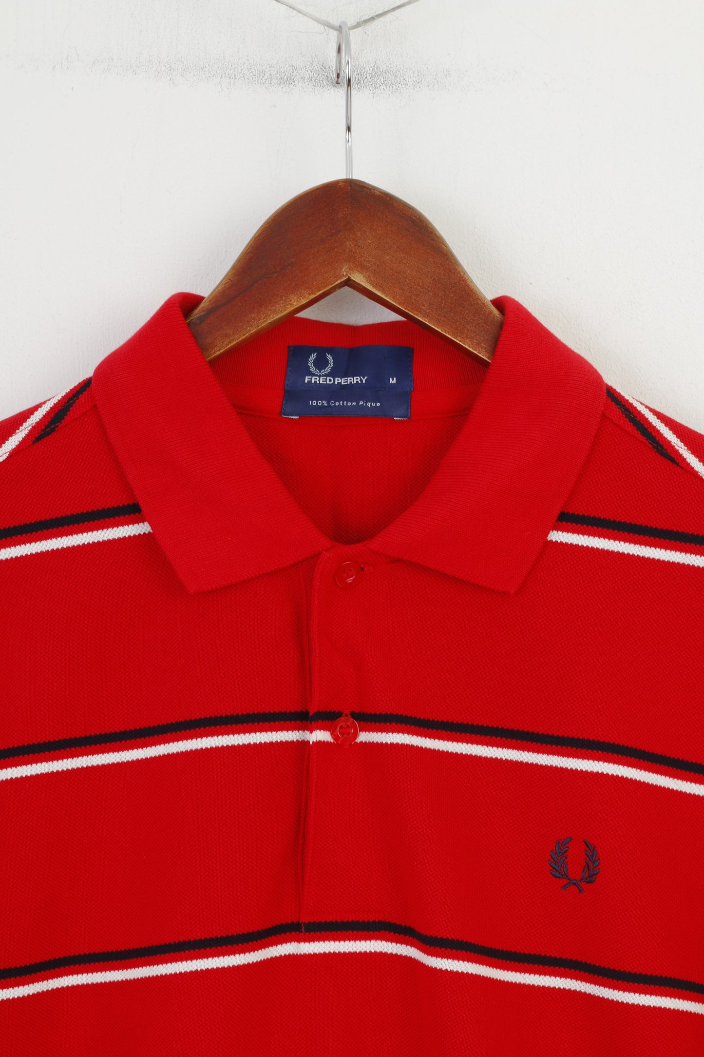 Fred Perry Men M Polo Shirt Red Cotton Pique Striped Detailed Buttons Vintage Top