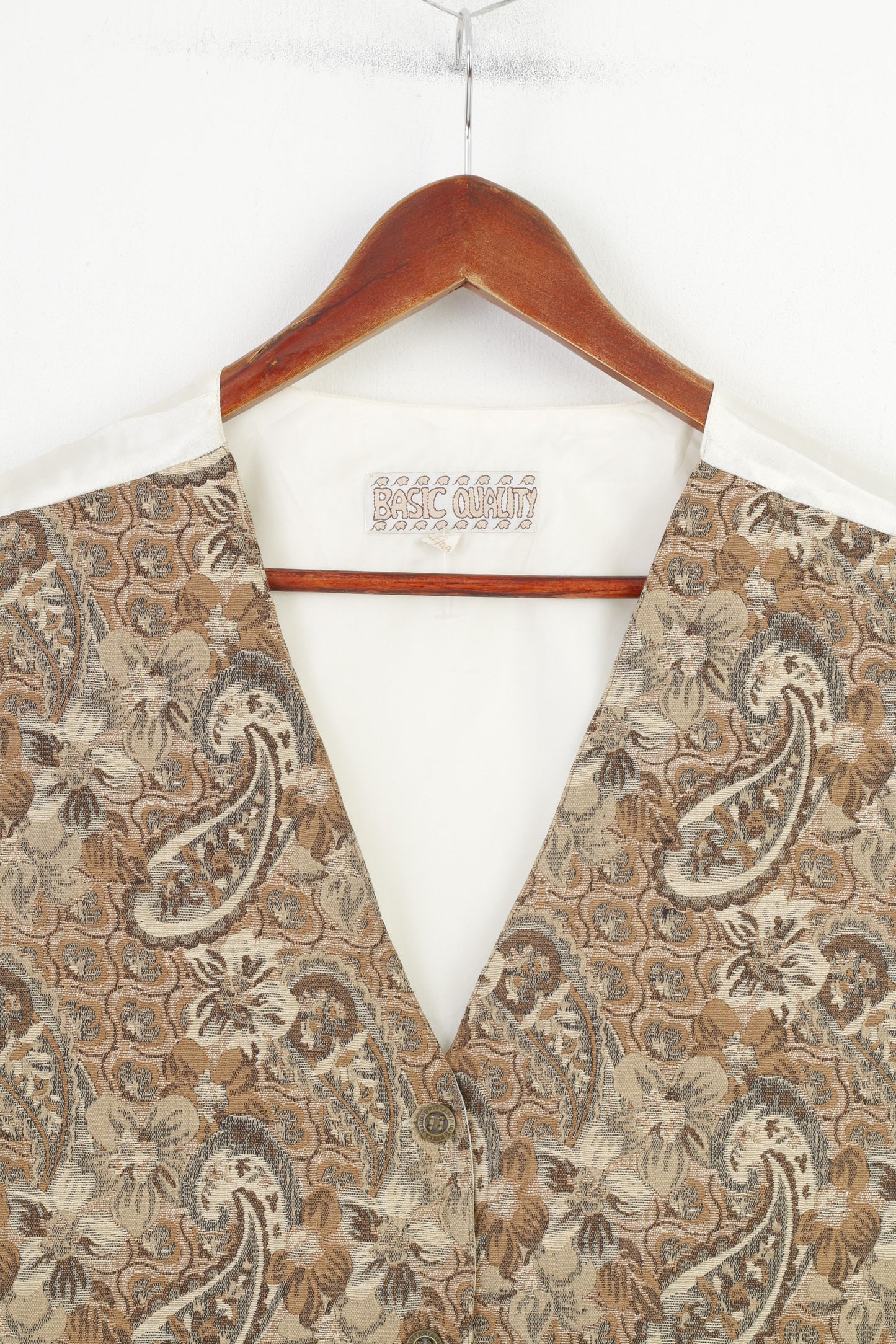 Basic Quality Women 44 L Vest Waistcoat Brown Vintage Embroidered Cotton Bottoms V Neck Top