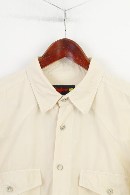 Jinglers Men L Casual Shirt Beige Cotton Short Sleeve Pockets Bottoms Collar Vintage Top