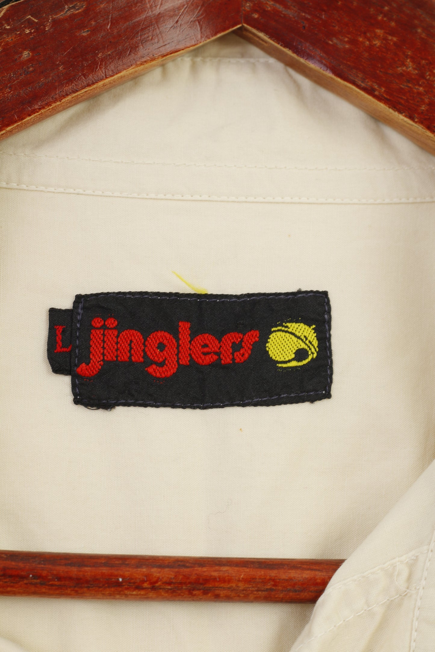 Jinglers Men L Casual Shirt Beige Cotton Short Sleeve Pockets Bottoms Collar Vintage Top