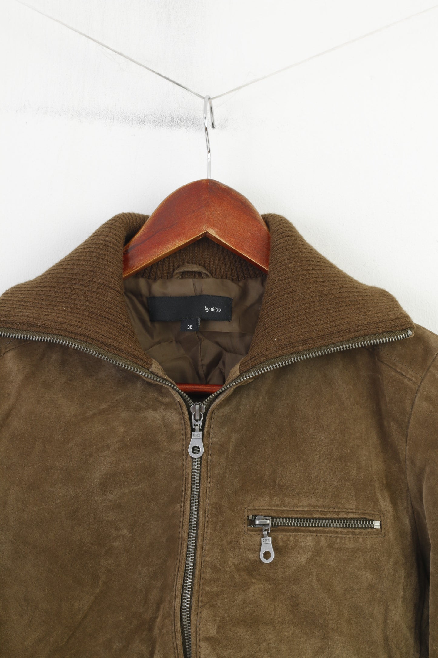 By Ellos Women 36 S Leather Jacket Brown Suede Pockets Full Zipper Biker Retro Collar Vintage Top