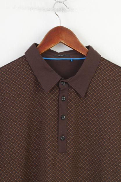 Esprit Men XL Polo Shirt Brown Checkered Cotton Detailed Buttons Classic Collar Vintage Short Sleeve  Top