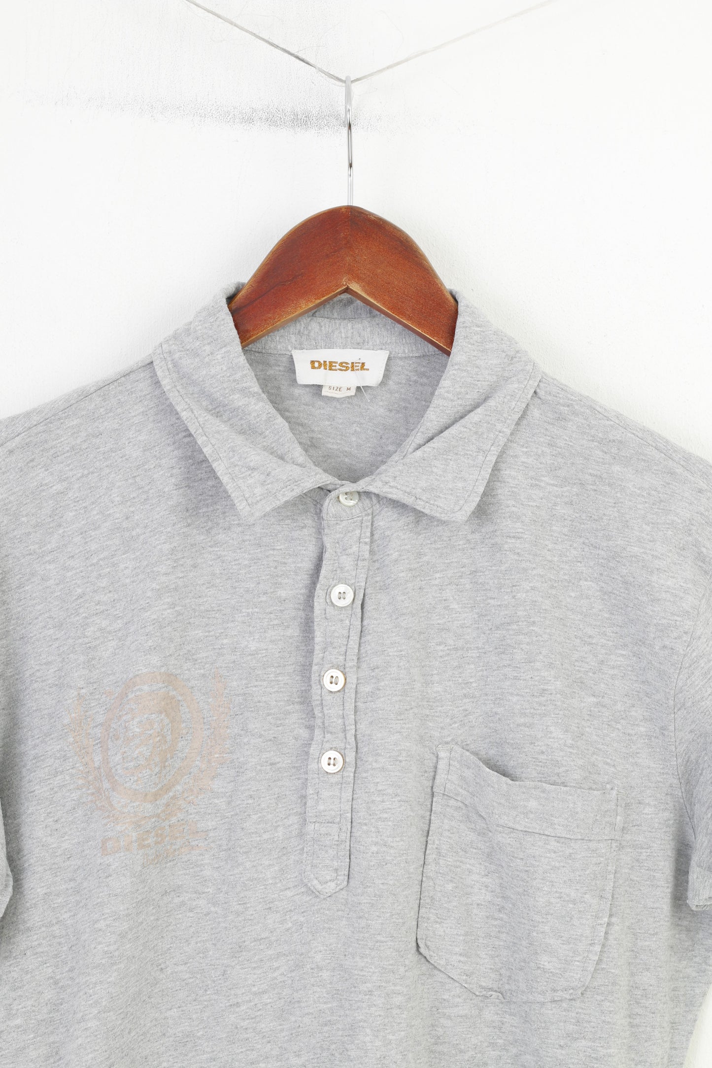 Diesel Men M Polo Shirt Grey Slim Cotton Detailed Buttons Collar Vintage Sportswear Top