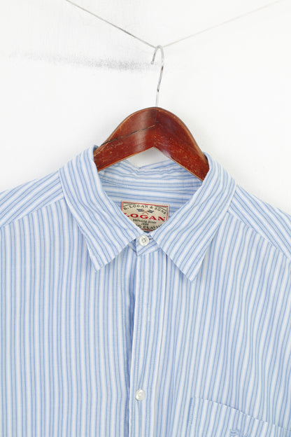 Logan Men 2XL Casual Shirt Short Sleeve Striped Cotton Blue Racing Classic Elegant Top