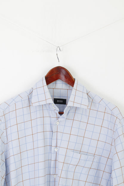 Hugo Boss Men 40  15 3/4 XL Casual Shirt Blue Check Cotton Long Sleeve Top