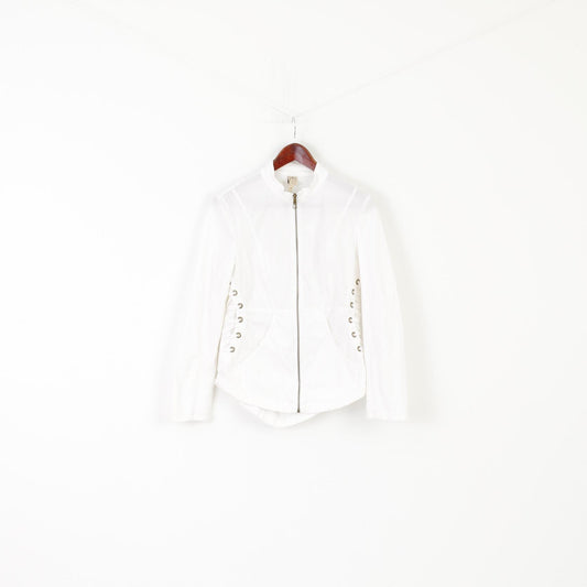 XCVI Women M Jacket White Cotton Lycra Fit Full Zipper Stretch Raw Edge Top