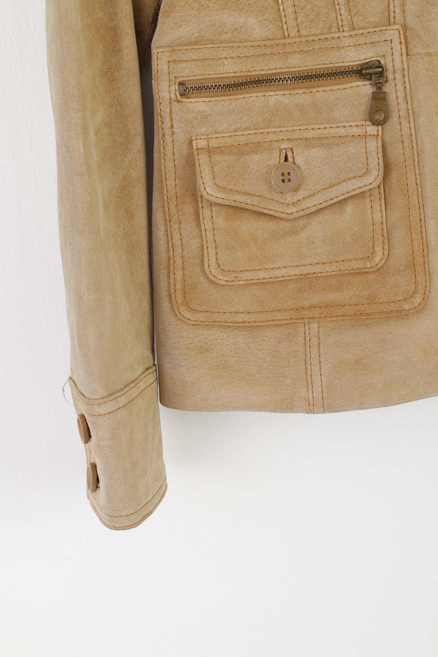 Joie de Vivre Women 10 S Jacket Beige Leather Suede Vintage Boho Shoulder Pads Top