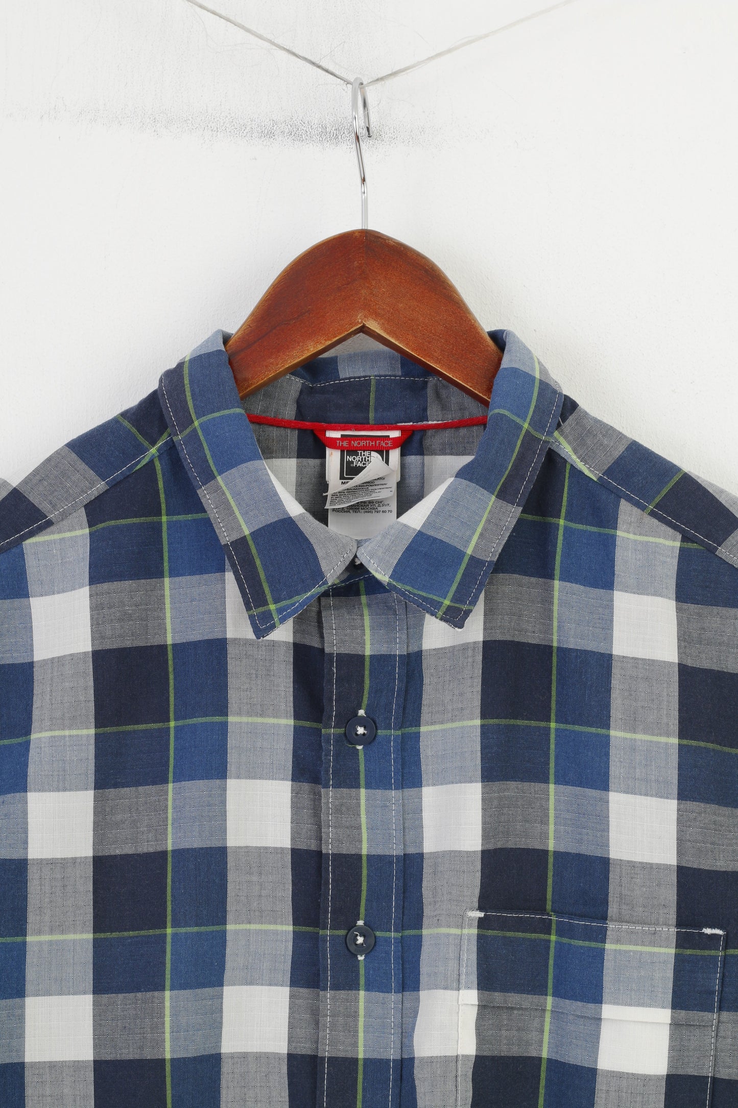 The North Face Men M Casual Shirt Checkered Blue Short Sleeve Cotton Classic Top