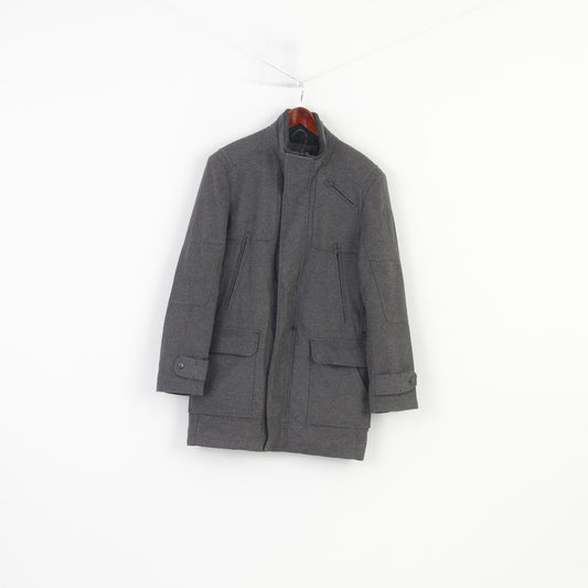Next Men M Coat Grey Signature Full Zipper Vintage Padded Wool Jacket Pockets Top