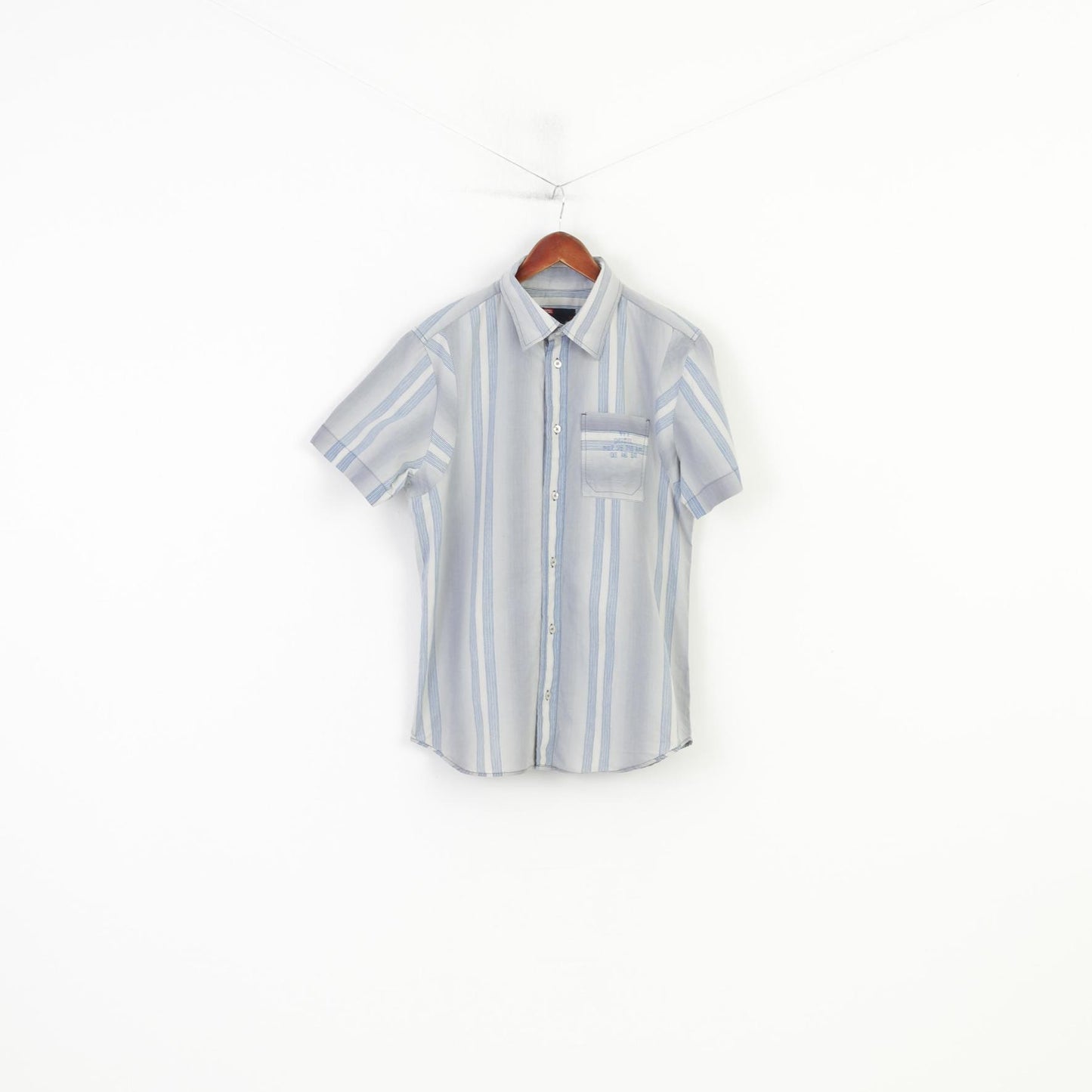 Diesel Men M Casual Shirt Blue Striped Short Sleeve Cotton Vintage Classic Top 