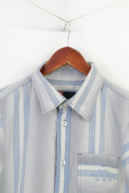 Diesel Men M Casual Shirt Blue Striped Short Sleeve Cotton Vintage Classic Top