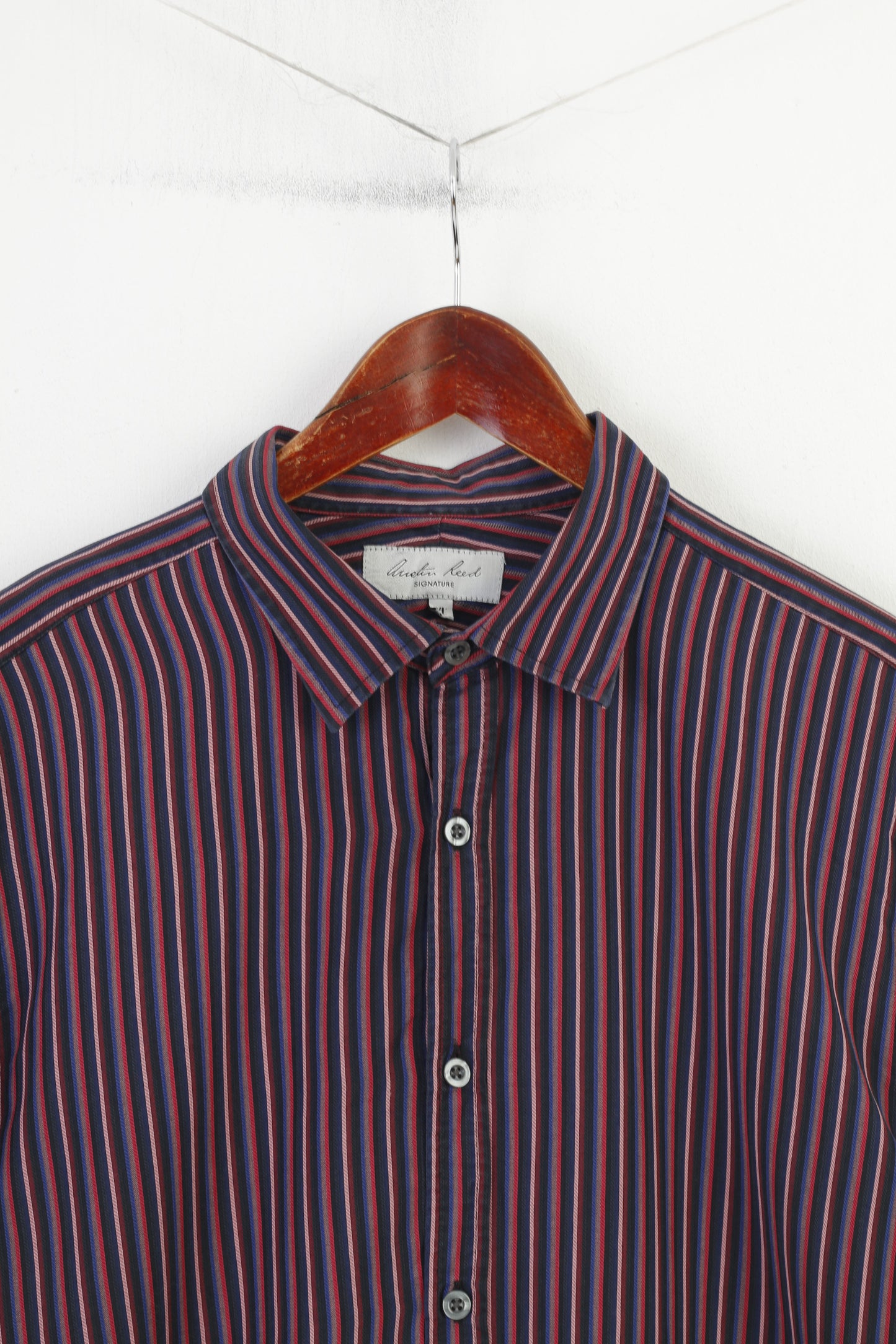 Austin Reed Signature Men XL L Casual Shirt Purple Striped Cotton Italian Fabric Long Sleeve Top