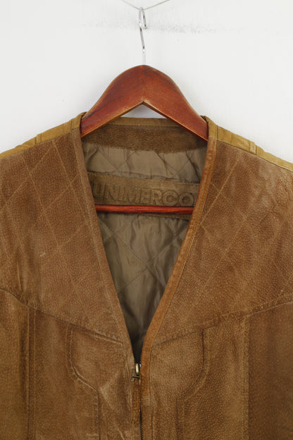 Unimerco Men M 50 Vest Vintage Brown Leather Full Zipper Sleeveless Top