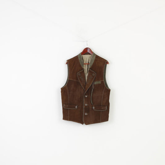 C&A Men 52 Leather Vest Bottoms Brown Embroidery Pockets Western Vintage Top