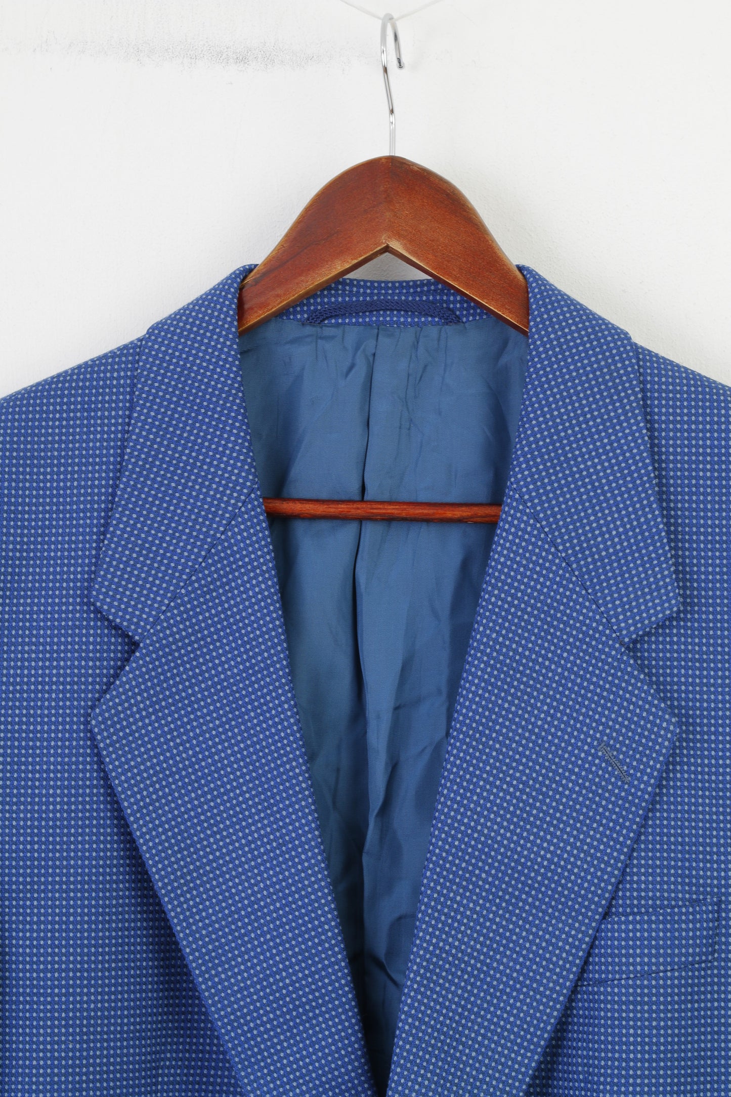 Desch Men 54 44 Blazer Blue Checkered Wool Collar Single Breasted Jacket Top