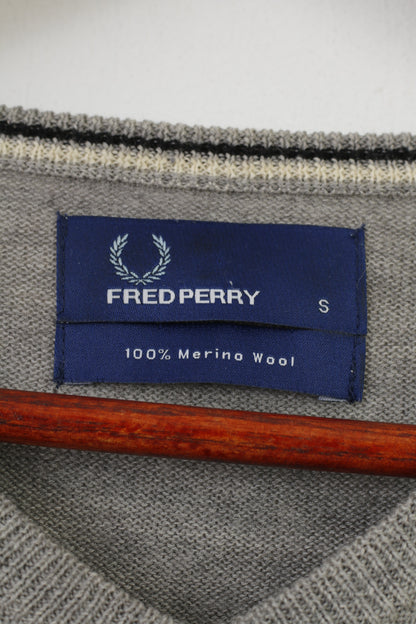 Fred Perry Men S Jumper Wool Grey V Neck Logo Classic Top