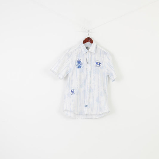 La Martina Men L Casual Shirt Flower Print White Short Sleeve Collar Cotton Vintage Top