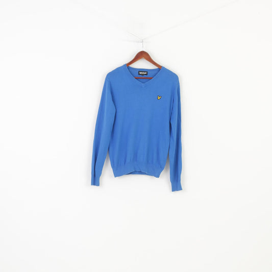 Lyle & Scott Men M Jumper V Neck Blue Lohho Scotland Long Sleeve Cotton Sweater Top