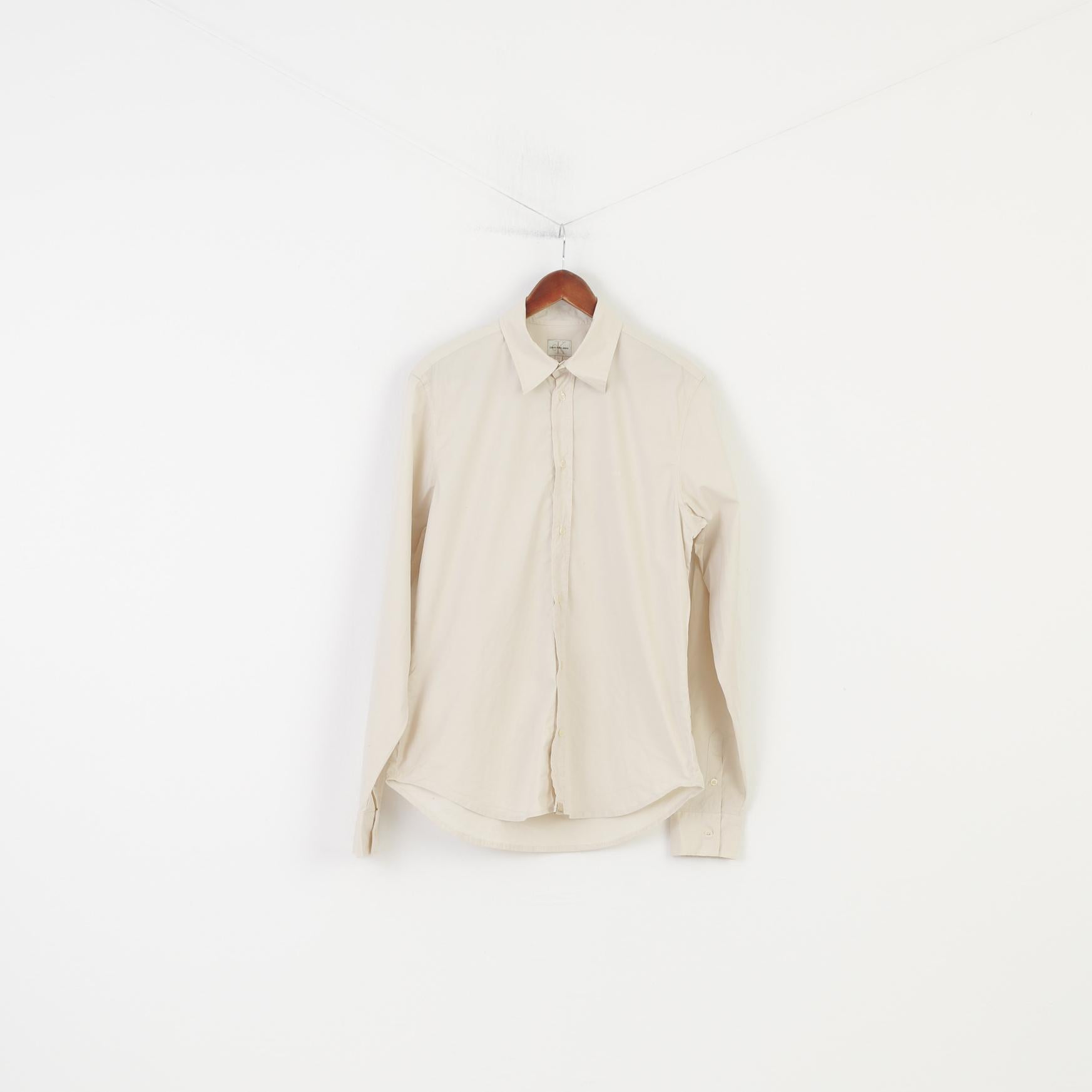 Calvin Klein Jeans Men XL Casual Shirt Cream Long Sleeve Collar Cotton