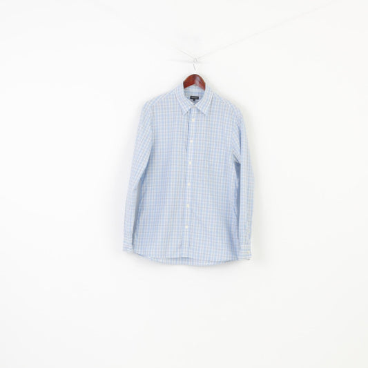 Jaeger Men M Casual Shirt Checkered Long Sleeve Blue Cotton Classic Top