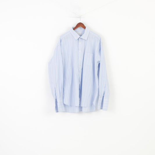 Joseph Turner Men 37 Casual Shirt Striped Blue Long Sleeve Collar Cotton Cufflinks Classic Top