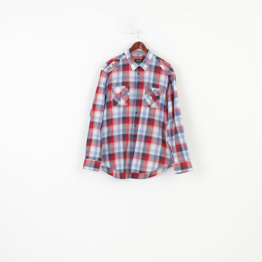 Jack Wolfskin Men XXL Casual Shirt Checkered Long Sleeve Blue Red Collar Cotton  Top