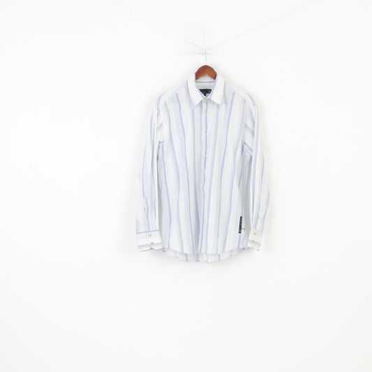 Duck And Cover Men L Casual Shirt Striped Blue Long Sleeve Collar Cotton Top