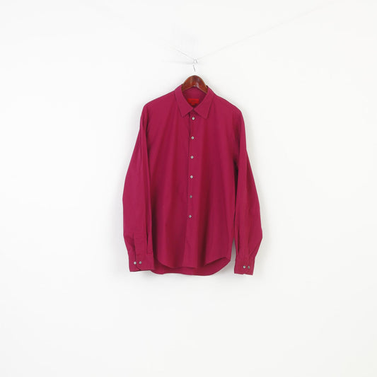Hugo Boss Men XL Casual Shirt Burgundy Long Sleeve Collar Stretch Cotton Top