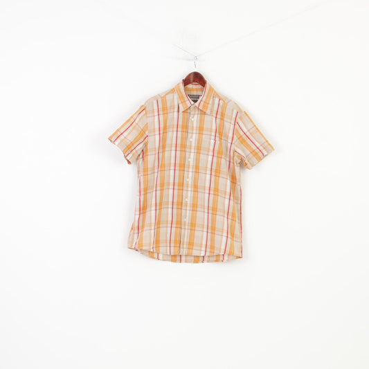 Fundamentals Men L Casual Shirt Checkered Orange Short Sleeve Cotton Collar Top