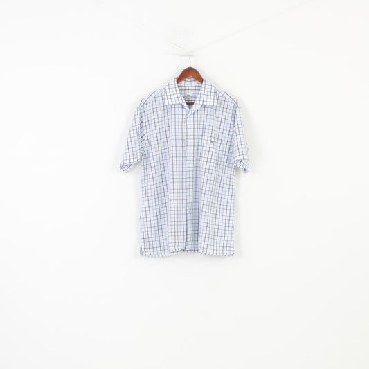 Lacoste Men 46 Casual Shirt Checkered Blue Short Sleeve Classic Collar Cotton Top