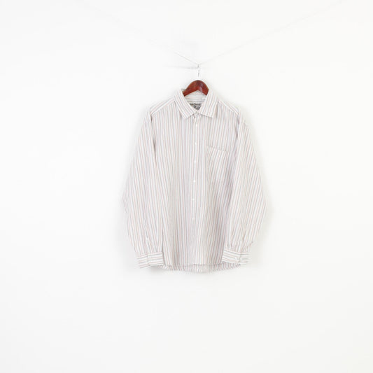 John Baner Men XL 41/42 Casual Shirt Striped Cotton Long Sleeve White Collar Vintage Top
