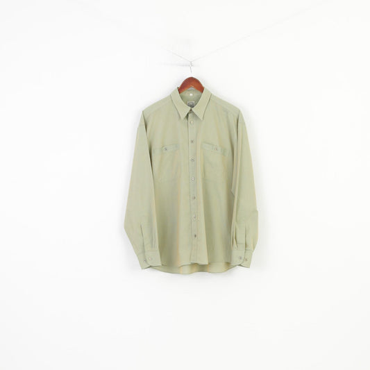 Jean Chatel Men L Casual Shirt Long Sleeve Green Collar Classic Top