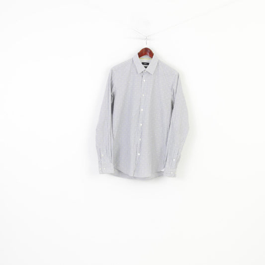 Hugo Boss Men M Casual Shirt Striped White Grey Dots Fit Classic Cotton Top