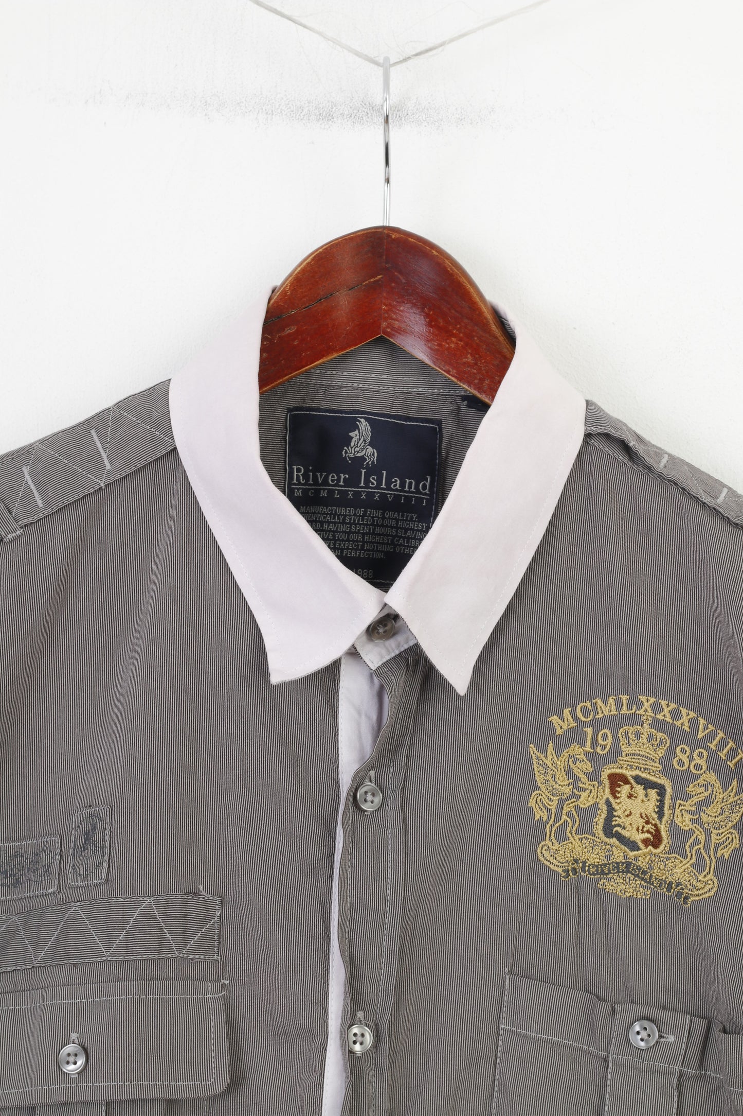 River Island Men XL Casual Shirt Black Striped Long Sleeve Cotton Classic Top