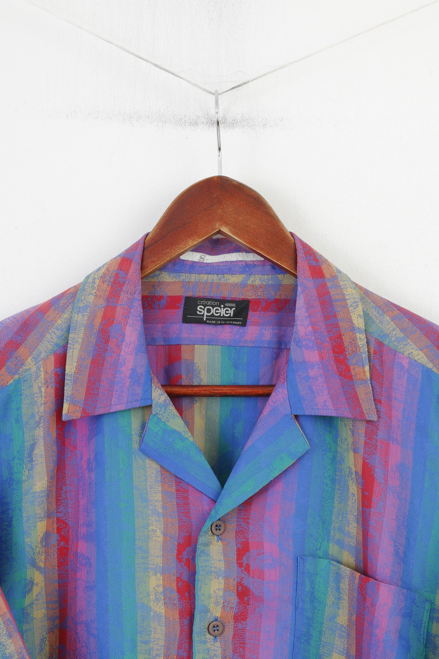Creation Speier Men L Casual Shirt Multi Color Striped Cotton  Summer Short Sleeve Vintage Top