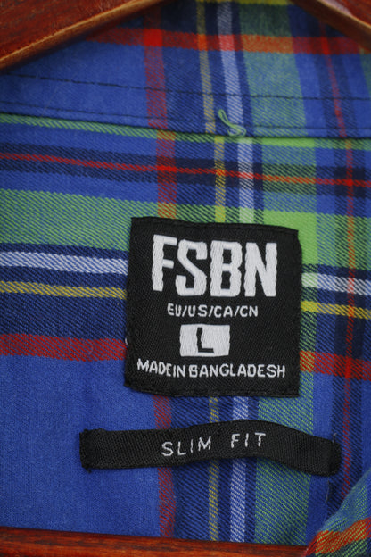 FSBN Men L (M) Casual Shirt Blue Checkered Fit  Buttons Collar Cotton Classic Long Sleeve Top