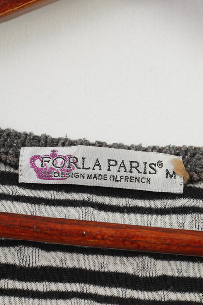 Forla Paris Women M Mini Dress Boho V Neck Long Sleeve Navy Geometric Print Frills Vintage