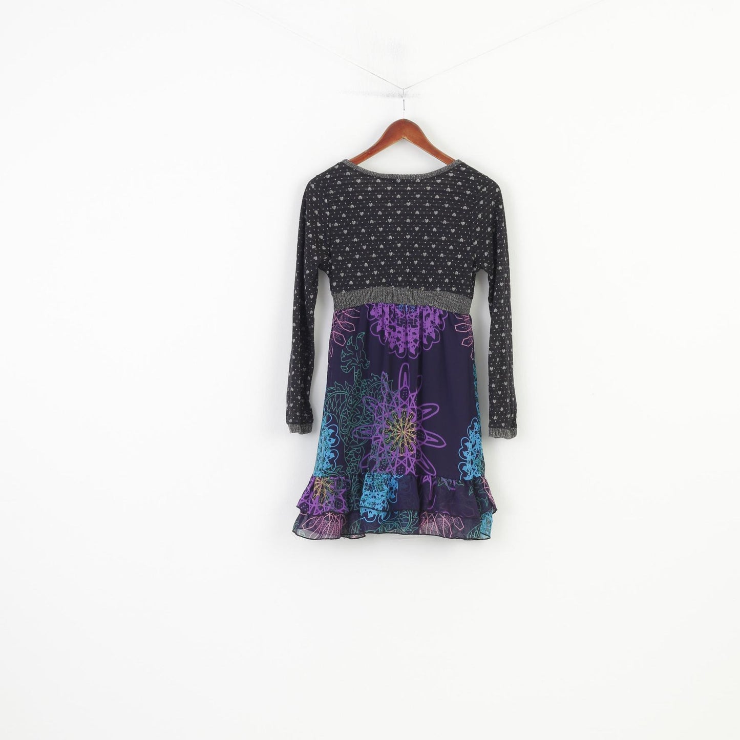 Forla Paris Women M Mini Dress Boho V Neck Long Sleeve Navy Geometric Print Frills Vintage