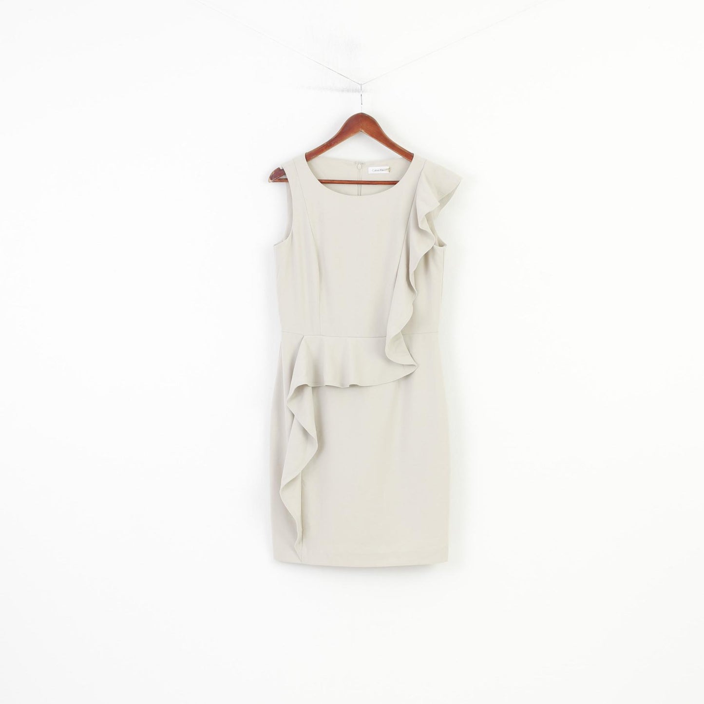 Calvin Klein Woman 10 M Dress Midi Sleevelees Beige Ruffles Elegant Zipper 