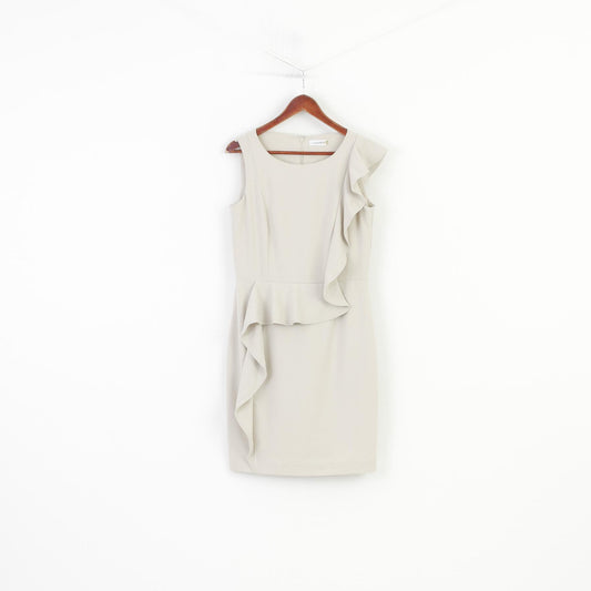 Calvin Klein Woman 10 M Dress Midi Sleevelees Beige Ruffles Elegant Zipper 