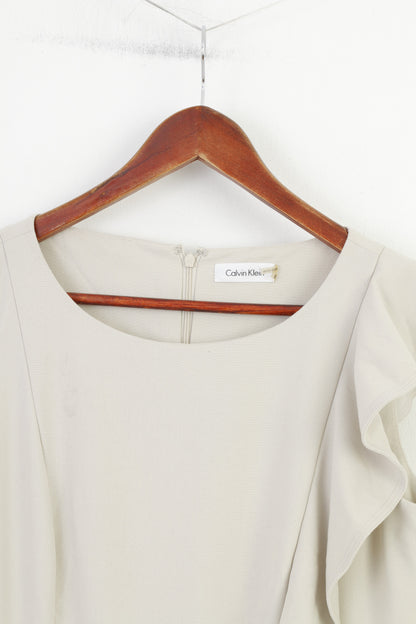Calvin Klein Woman 10 M Dress Midi Sleevelees Beige Ruffles Elegant Zipper
