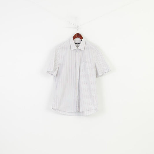 Hugo Boss Men 44 17.5  Casual Shirt Short Sleeve  Cotton Classic Striped White Top
